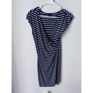 Ann Taylor Navy White Striped Ruched Draped V-Neck Sheath Dress Small Cap Sleeve